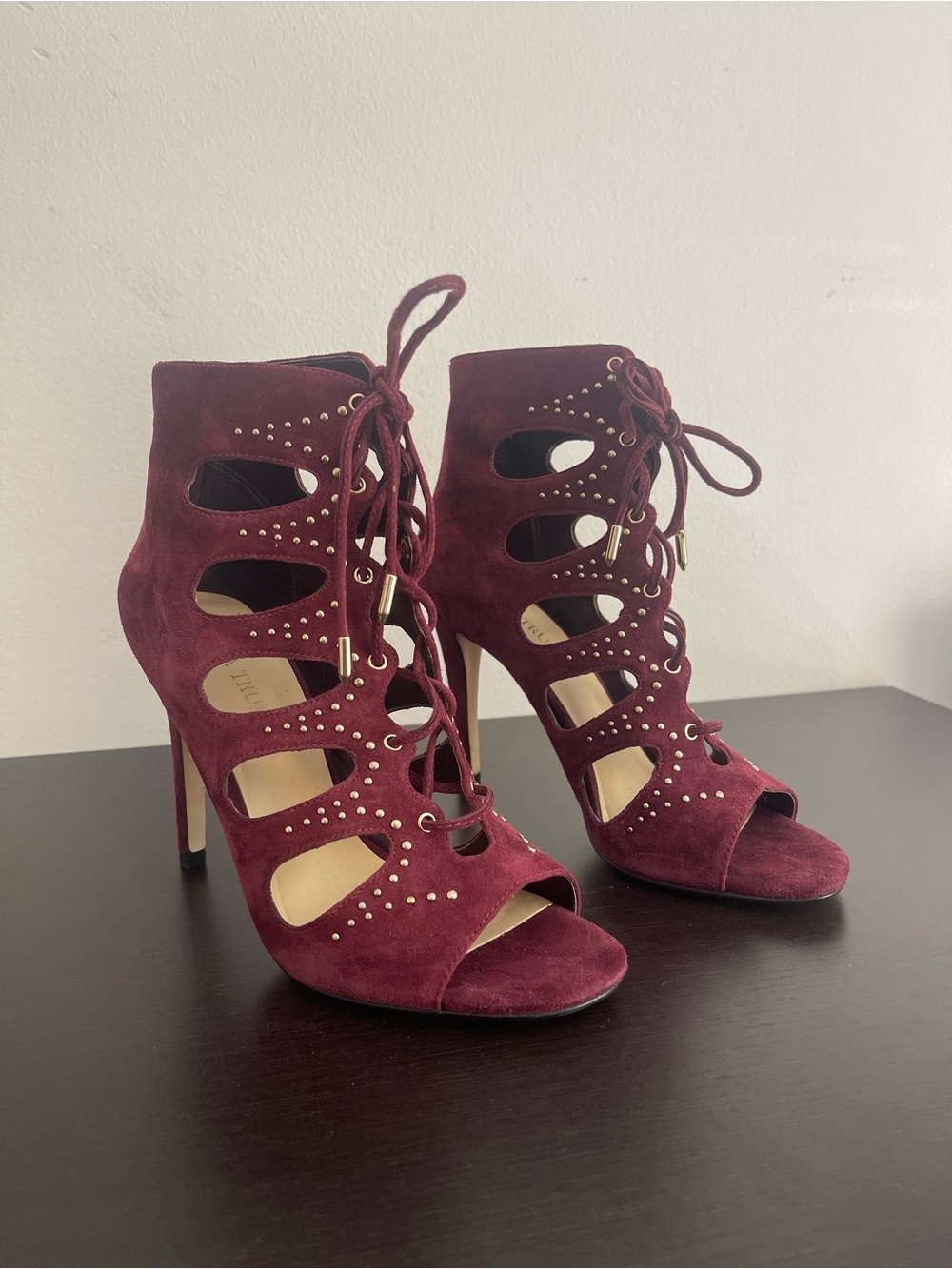 Burgundy Suede Leather Lace-Up Caged Gold Studded Cutout Heels - Picture 3 of 6